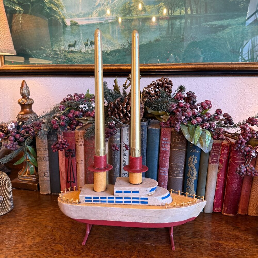 Unique Hand carved Wooden Ship Candle Holder 12.5" Long - Picture 10 of 17